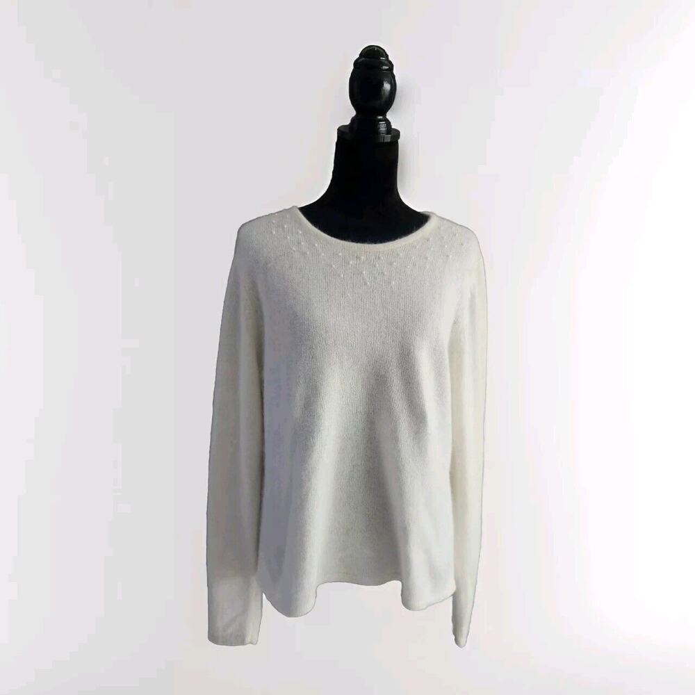 Andrea Viccaro Women's Angora Nylon Rabbit Sweater Embellished Beaded Ivory XL